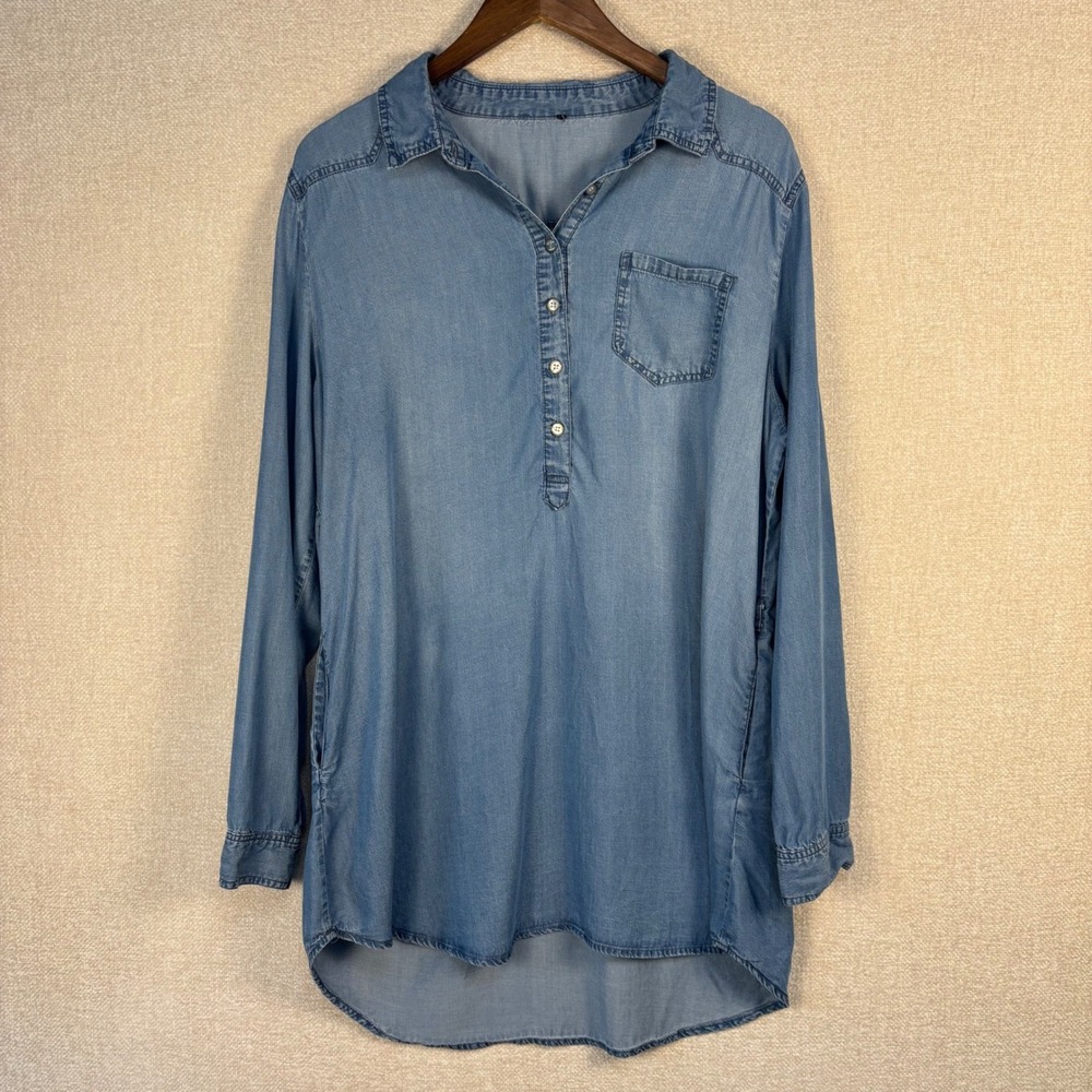 Chambray Denim Tunic Top Size XL-XXL Henley High Low Hem with Pockets